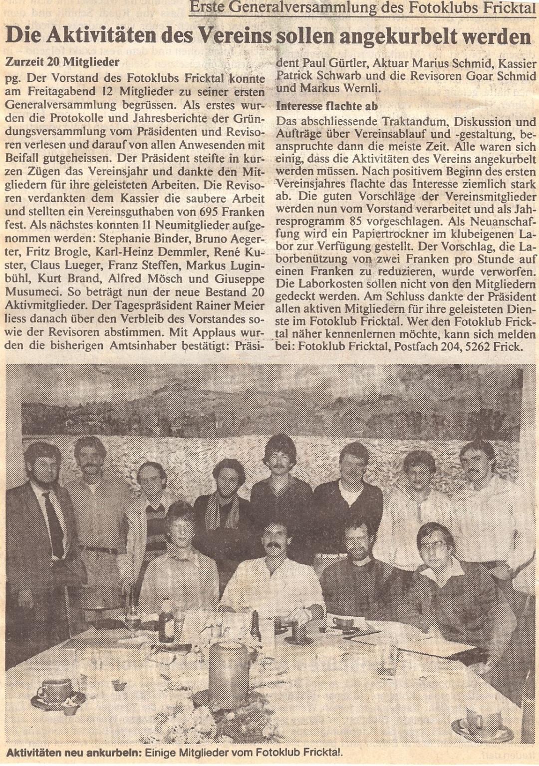 Zeitungsartikel zur ersten Generalversammlung des Fotoclubs