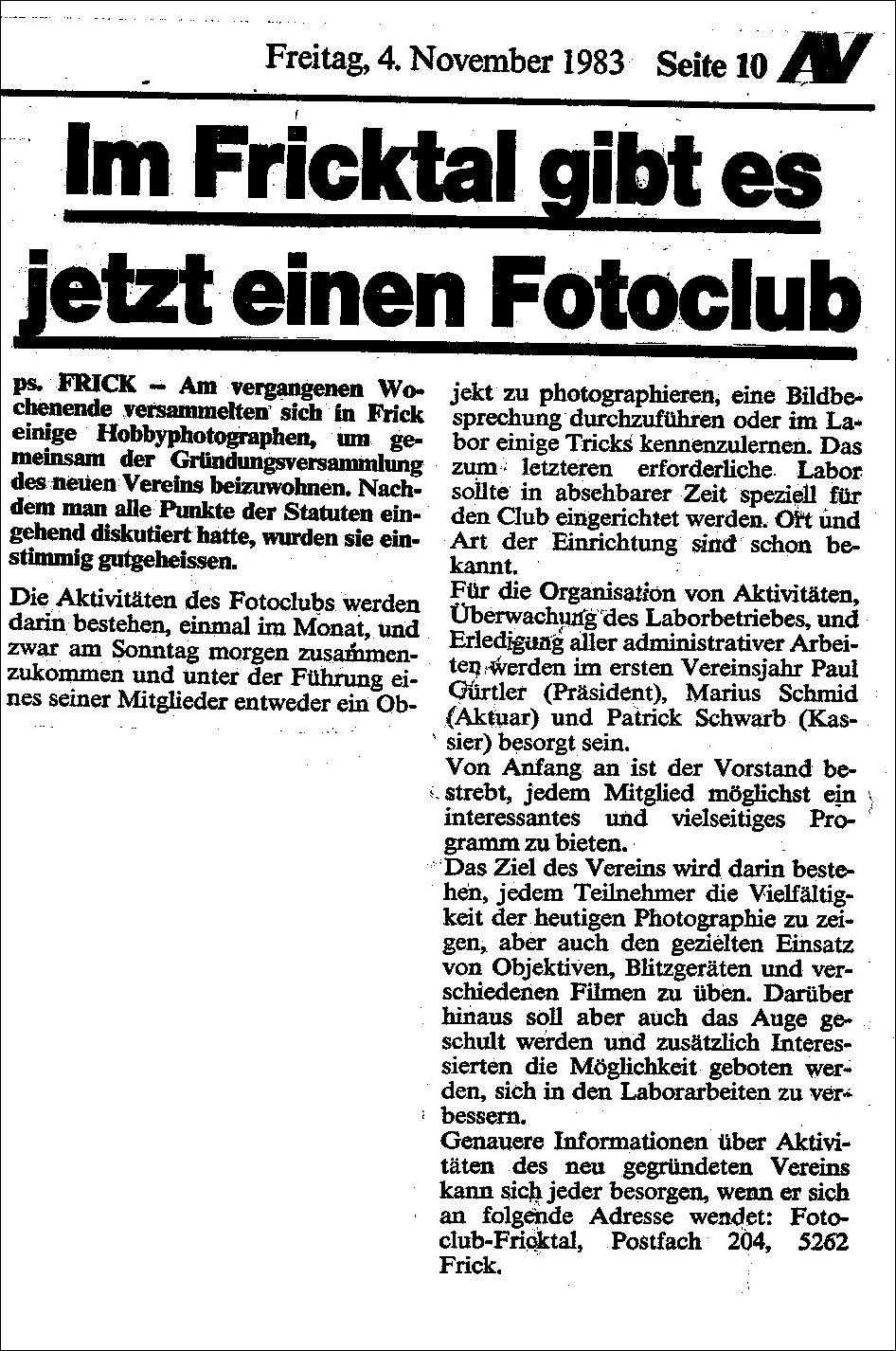 Erster Zeitungsbericht über den Fotoclub Fricktal